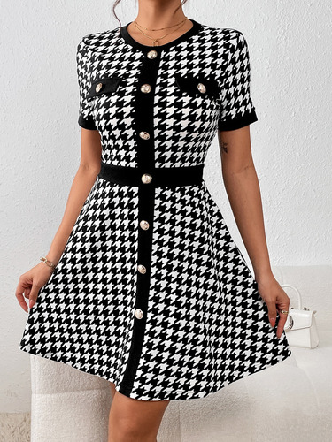 Vestido Con Estampado De Pata De Gallo Con Botón Delantero
