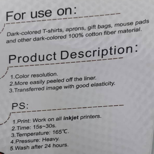 Imagen 2 de 2 de Papel Transfer Inkjet Telas Claras Tamaño A4 (10 Hojas)