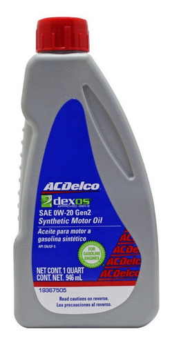 Botella Aceite Motor Sinteti Dexos1 Gen2 0w-20 Acdelco 946ml