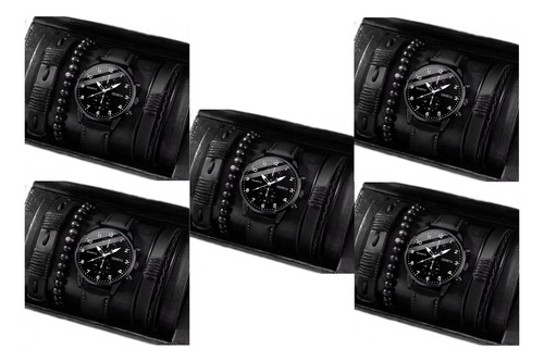Set 5 Relojes Con Pulseras De Cuero Para Hombre Mayoreo Lote Negro Negro Negro