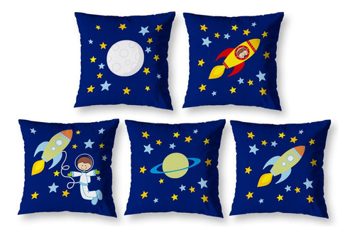 Kit 5 Almofadas Cheias Infantil 40cm X 40cm Zíper Astronauta