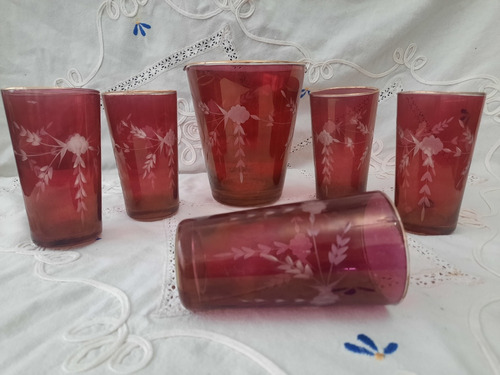 Antiguos Vasos + Hielera Cristal Rojos Hilo De Oro Leer 