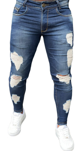 Imagem 1 de 3 de Calça Jeans Destroyed Detalhes Rasgados Skinny Masculina
