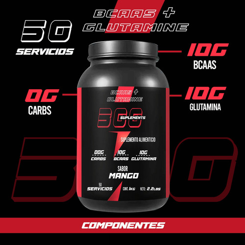 Aminoácidos Bcaas+glutamina 300suplements 1kg Varios Sabores Mango