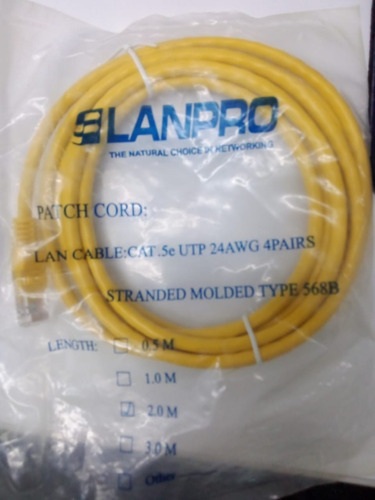 Patch Cord Lanpro Utp Cat 5e Amarillo 4 Pairs  2 Mts