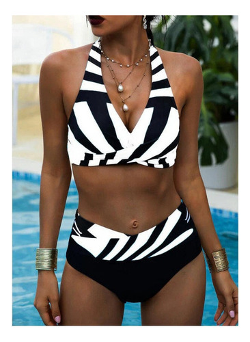 Bikini Cintura Alta Con Cuello Halter Lazo En Bloques Color