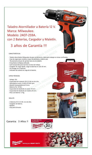 Imagen 3 de 4 de Taladro Atornillador A Batería 12v. Milwaukee 2407-259a