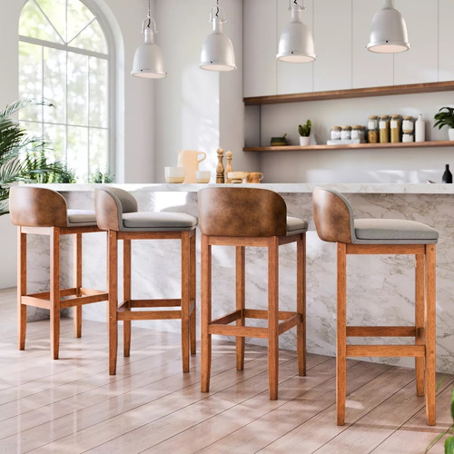 Kit 4 Banquetas Alta Estofada Com Corino Pés Madeira Ônix Cor Cinza