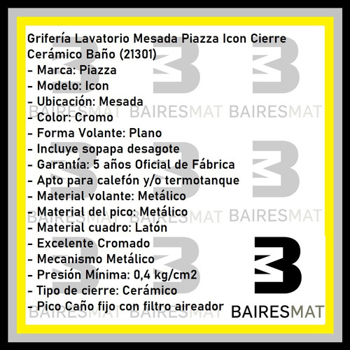 Imagen 4 de 6 de Lavatorio Griferia Canilla Cierre Ceramico Icon 21301 Piazza