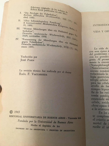 La Etiologia De La Tuberculosis Y Otros Trabajos (Usado)