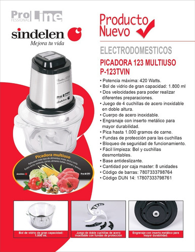 Imagen 3 de 6 de Picadora Sindelen Procesadora 1,2,3 1,8lt Vidrio 420watts