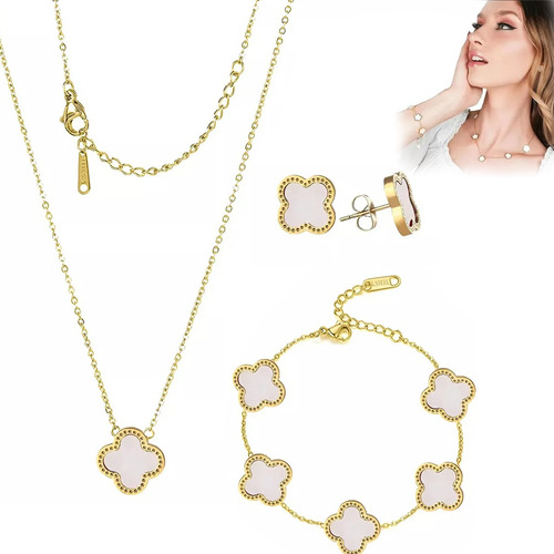 Conjunto Joyas Trébol Elegante Collar Pendientes Pulsera Blanco 15 Cm