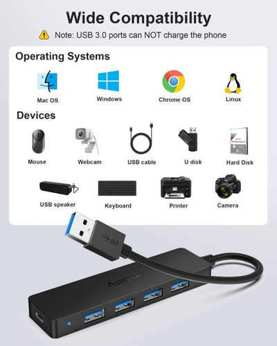 Hub Usb 3.0 De 5 Puertos Aceele, Concentrador Usb Ultradelga