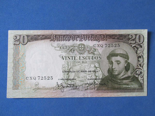 Gran Billete Portugal 20 Escudos Lisboa Unc Año 1954