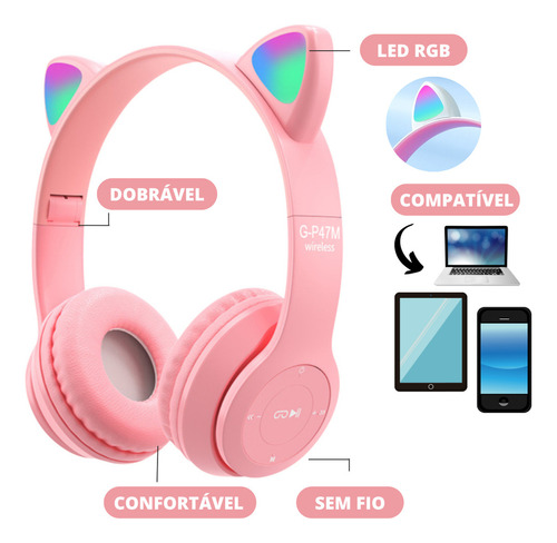 Fone De Ouvido Gatinho Bluetooth Infantil Led Menino Menina Eduimports Cor Rosa