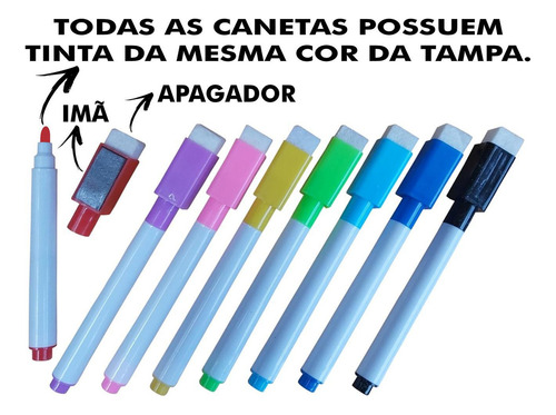 Kit 8 Canetas Coloridas Para Quadro Branco Com Apagador Imã