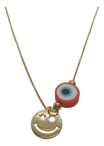 Collar Dije Carita Feliz Y Ojo Turco, Evil Eye, Cobre, Vibra