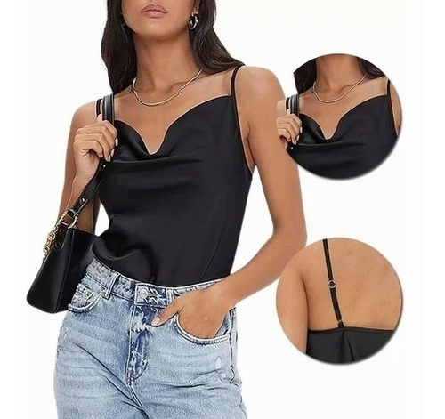 Blusa Top De Tirantes Satinada Elegante De Cuello Desbocado