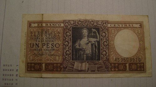 Billete 1 Peso Moneda Nacional Ley 12962 Y 13571 Serie 1.14