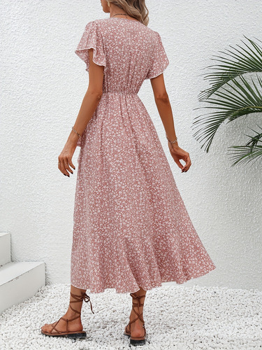 Vestido Midi Bohemio Floral Para Mujer Con Cuello En V Y Cin
