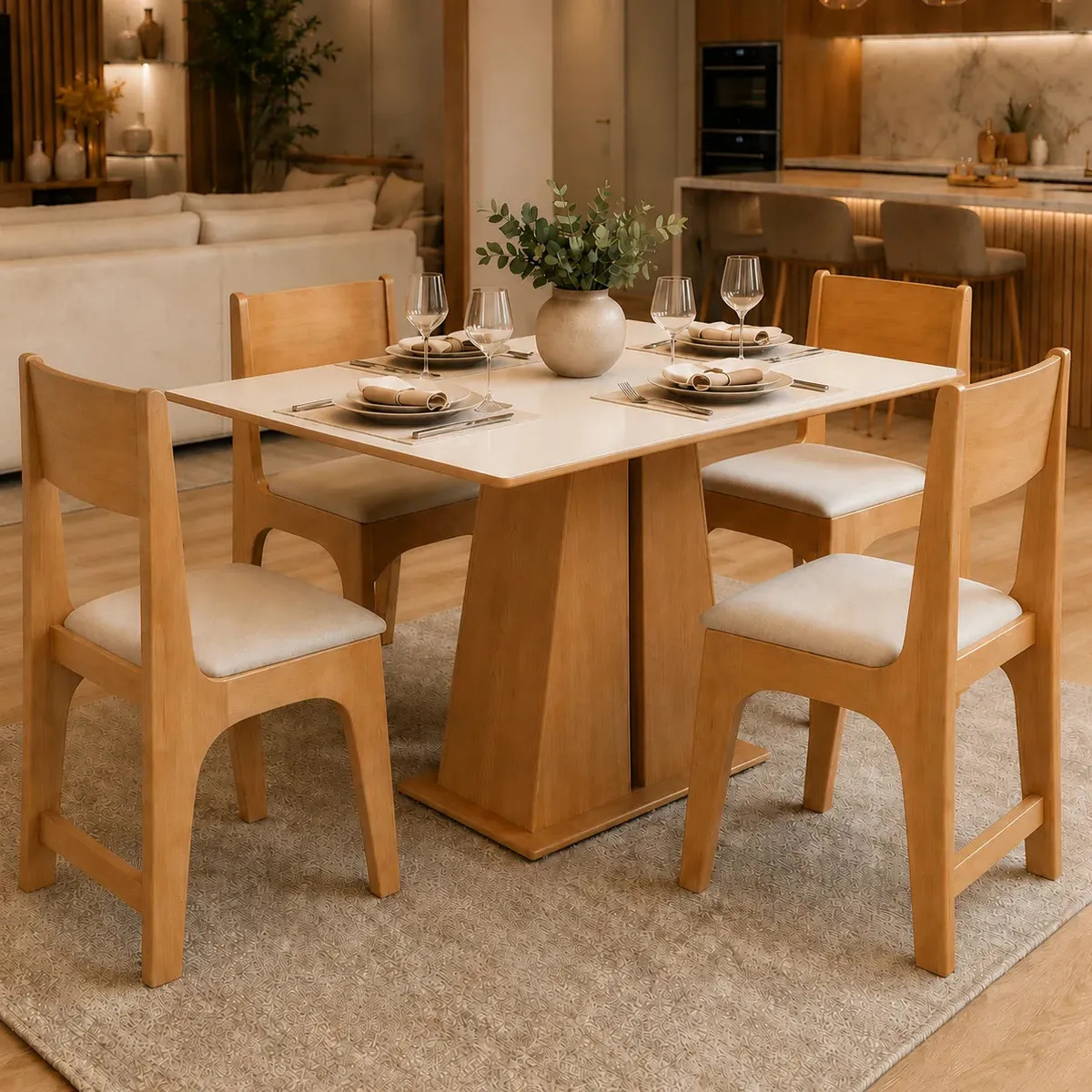 Conjunto De Jantar ​Sonetto Móveis Mesa Retangular 4 Cadeiras Modernas Mel/off White