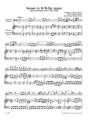 W.a. Mozart: Sonata In B-flat Major Kv 292 (196c) For Cello