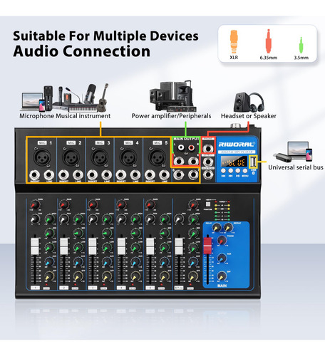 Audio Interface Mixer Riworal 4 Channel W/ Bluetooth +48v