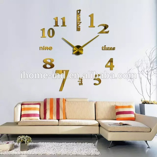 Reloj 3d Gigante 120cm Oro Pared Decor Espejo Golden