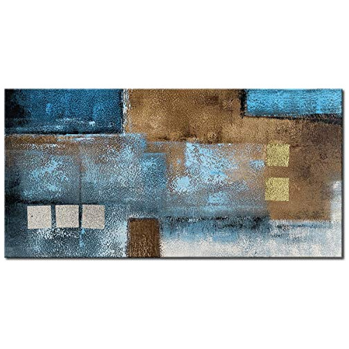 Gran Arte De Pared Abstracto Azul Dorado Gris Pintado M...