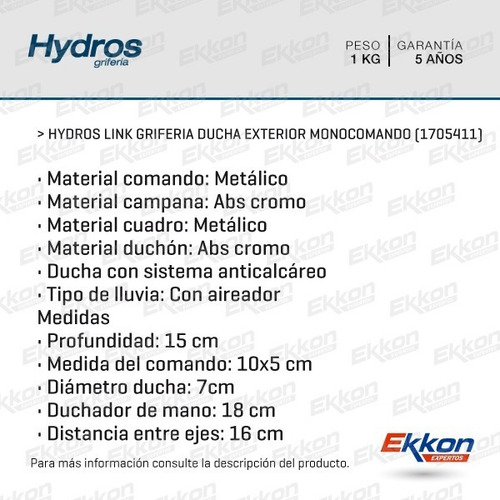 Grifería Ducha Mano Hydros Monocomando Duchador Link 1705411