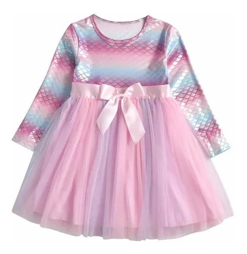 Vestido Infantil Barbie Sereia Manga Longa Em Tule Festa