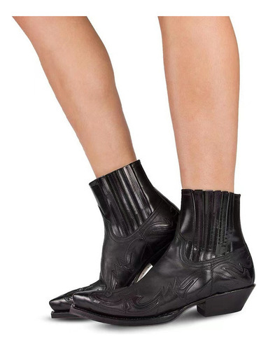Botas Vaqueras Tacón Alto Bordadas Punta En Punta Botines