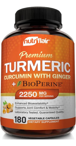 Turmeric Curcumin Ginger 2250mg (180 Cápsulas) Hecho En E.u. Sabor Sin Sabor