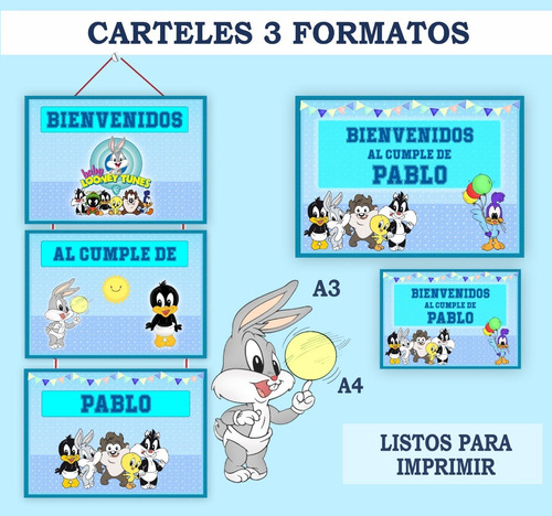 Kit Imprimible Banderín Cartel Cumple Editable Looney Tunesv