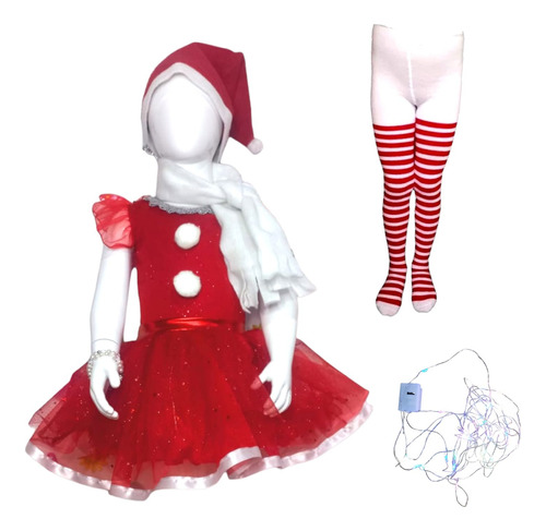 Disfraz Duende Tutu Medias Ralladas Muñeco Nieve Niña Elfo Santa Navidad Rojo Verde Con Luz Led 