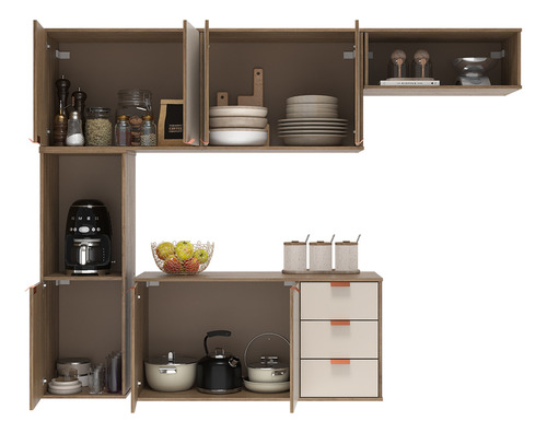 Armário De Cozinha Suspenso Compacto Com 7 Portas E 3 Gavetas, Design Moderno E Funcional Em Off White E Madeirado Estilo Nórdico, Ideal Para Otimizar Espaços -modelo Romeu