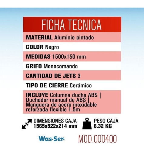 Imagen 2 de 5 de Columna De Ducha Escocesa Was-ser 3 Jets Antisarro + Duchado