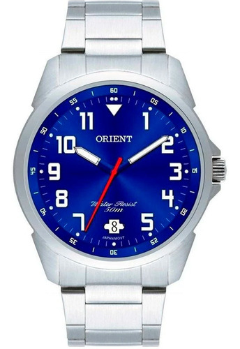 Relógio de pulso Orient MBSS1154A com corpo prata,  analógico, para masculino, fundo  azul, com correia de aço inoxidável cor prata, agulhas cor azul, branco e vermelho, subdials de cor branco, ponteiro de minutos/segundos branco, bisel cor prata e dobrável