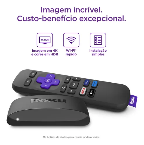 Roku Express 4K | Dispositivo de streaming HD/4K/HDR com controle remoto simples e botões de atalho. Inclui Cabo HDMI® Premium