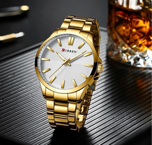 Relogio Masculino Curren Aço Inoxidavel Dourado Caixa 50mm Visor Prata Detalhes Dourado Dimensional Frete Grtais