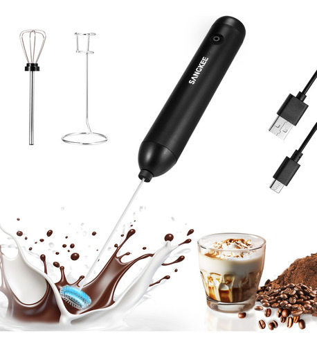 SANGKEE Espumador de Leche, Batidor Electrico de Mano Recargable Con 2 Batidores y Soporte, Agitadores Batidor con 2 Velocidades Ajustables, Adecuada para Café con Leche, Lattes, Capuchinos, Huevos