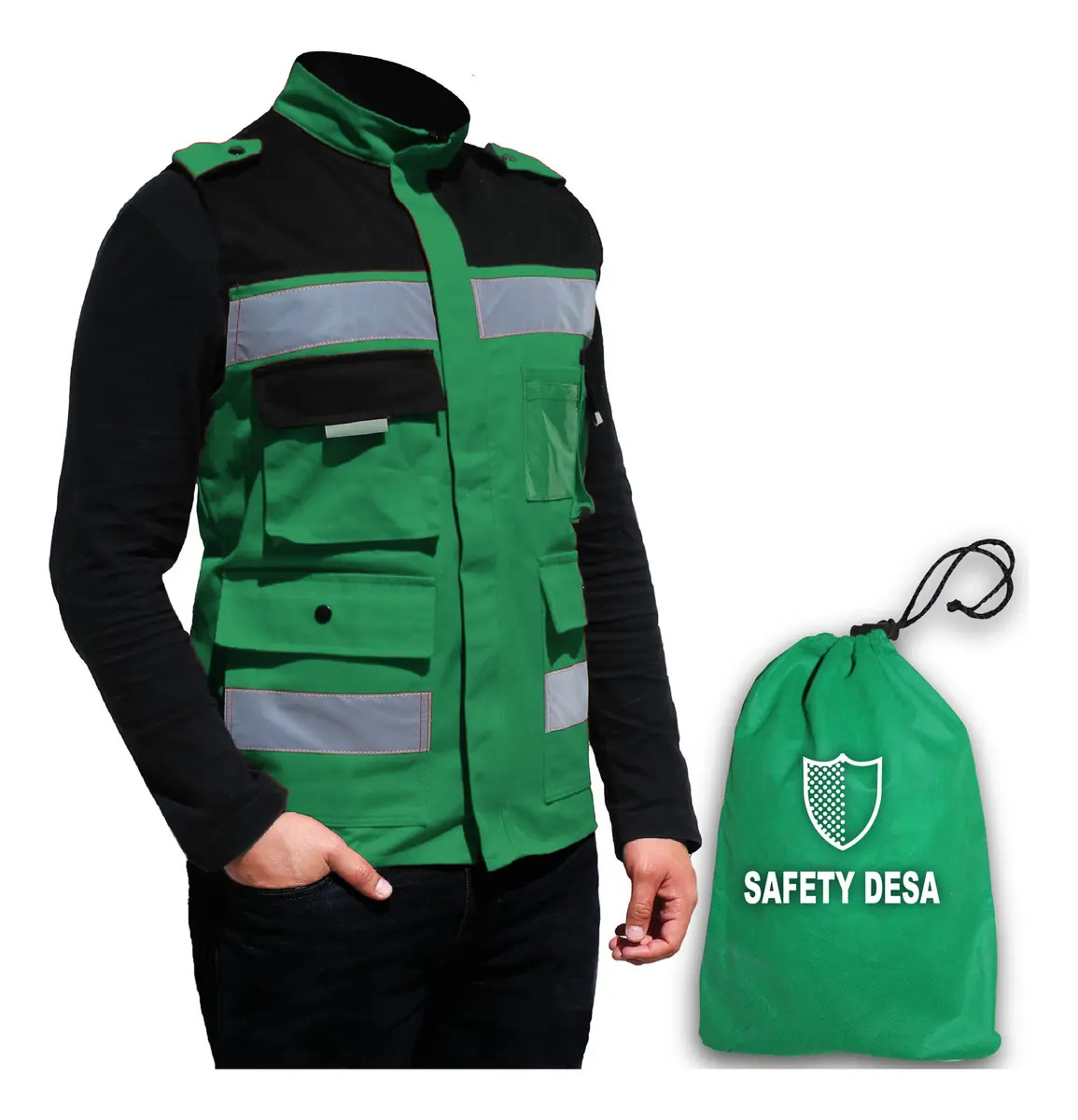 Chaleco De Seguridad Industrial Gabardina 100% Algodón Elite Color Verde - Negro Talla Del Chaleco Reflejante Extra Grande