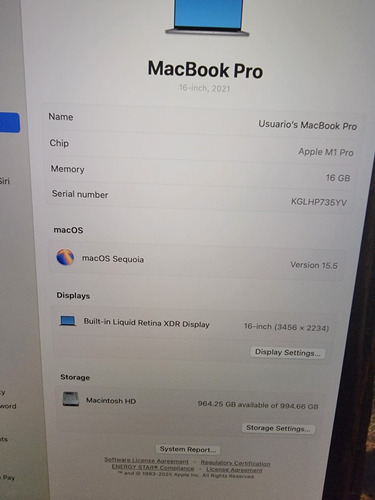 Macbookpro 16 A2485,m1 Pro, 16gb Ram, 1tb + Magic Mouse Plateado (Usado)
