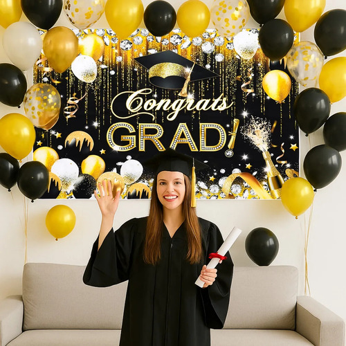 1 Pieza 150×100cm Graduación Telón de Fondo Negro y Dorado 2025 Decoración de Fiesta de Graduación