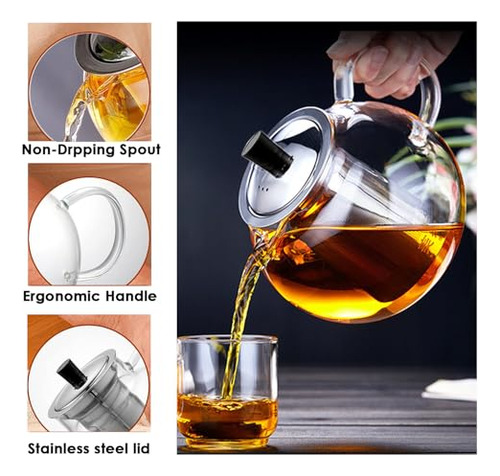 Tetera De Cristal Con Infusor - 1300 Ml / 43 Oz Tetera De Té
