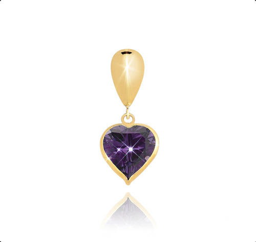 Pingente Ouro 18k Com Coração De Zircônia 7mm Cor Ametista Roxa
