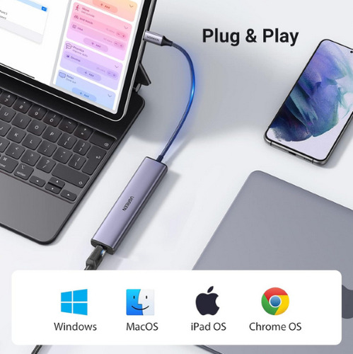 Hub 4 Em 1 Ugreen Usb Tipo-c Para 3* Usb 3.0 + Rj45 Ethernet