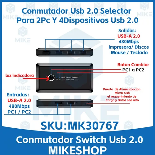 Hub Conmutador Kvm Switch Usb 2.0 Compartir 4 Dispositivos