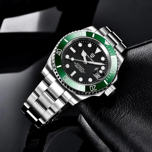 Reloj Automatico Pagani Design - Submariner Gmt - Sumergible Plateado Verde Negro Hulk