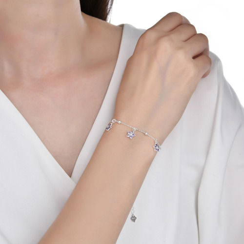 Pulsera Flores Piedritas Plata 925 Mujer Regalo Violeta 53.34 Cm